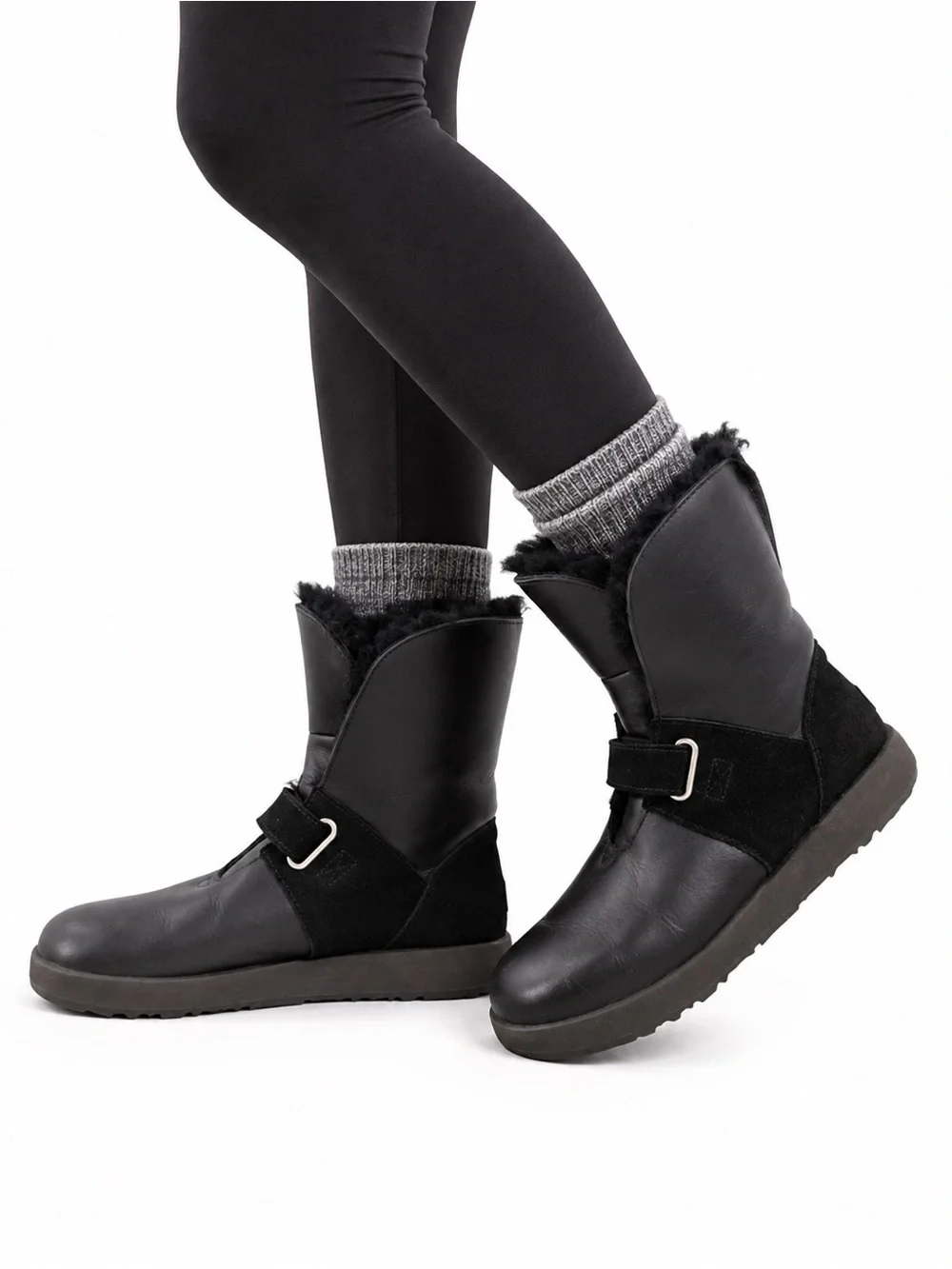 UGG Black Leather Shearling Buckle Boots Vibram Arctic Grip Waterproof 9